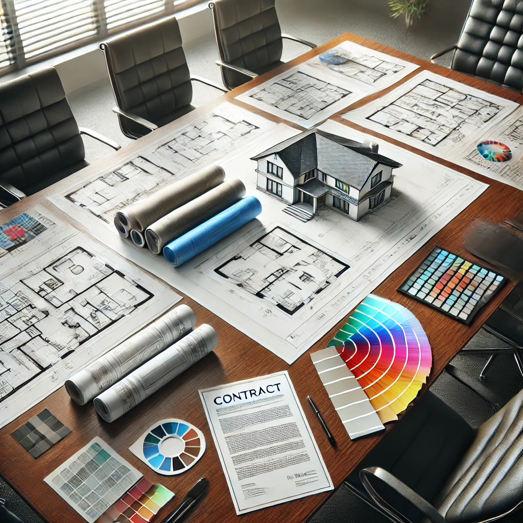 Overhead view of a conference table with architectural blueprints, paint samples, and a signed contract.