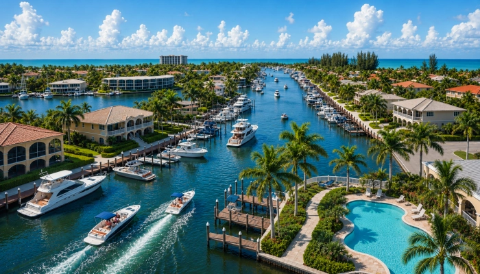 Aerial View of a Waterfront House with a Swimming Pool in Cape Coral, Florida