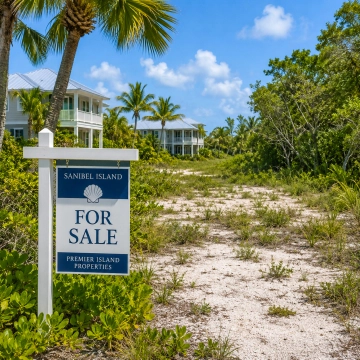 Vacant residential land with For Sale Sign surrounded by natural vegetation on Sanibel Island