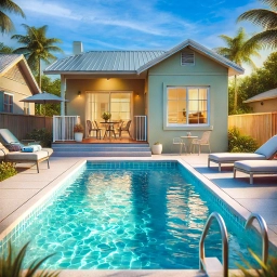 Cozy single-story Florida home with a private pool and patio area, featuring lounge chairs and an inviting outdoor setting area.