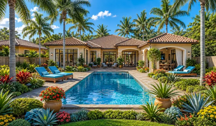 Single-story Florida pool home with tropical landscaping, palm trees, and a large pool surrounded by lounge chairs and vibrant plants