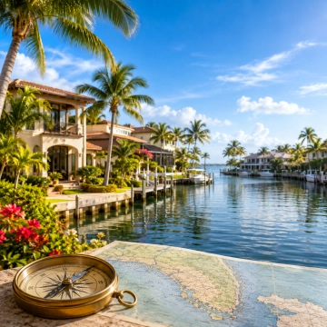 Lokale Immobilienkenntnis in Südwestflorida Wohngebiet am Wasser in Südwestflorida mit Palmen, Karte und Kompass