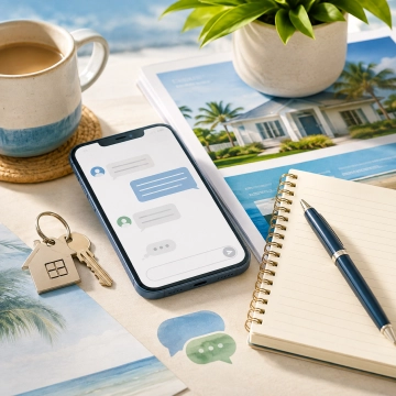 Persönliche Betreuung und zuverlässige Kommunikation Kommunikation bei einer Immobilientransaktion mit Smartphone, Immobilienunterlagen, Notizbuch und Hausschlüsseln