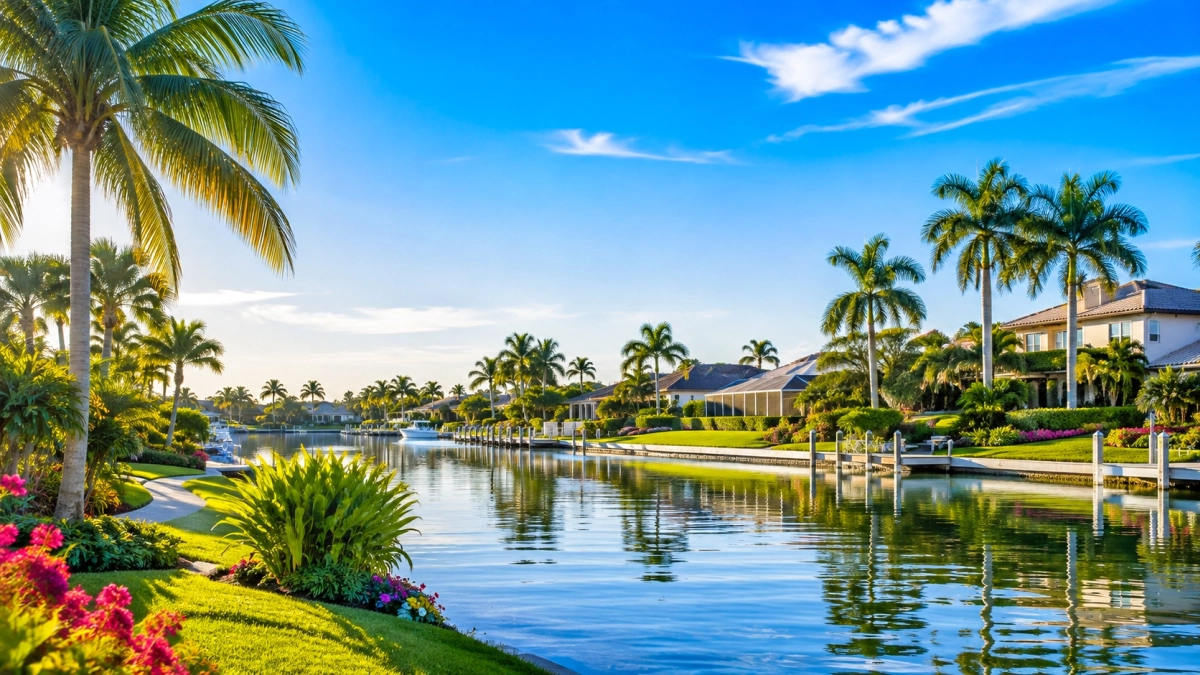 Southwest Florida Waterfront Neighborhood Southwest Florida waterfront neighborhood with palm trees and homes