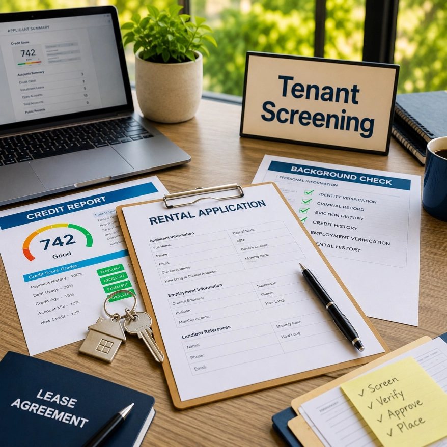 Tenant screening documents with rental application, credit report, background check, lease agreement, and house keys