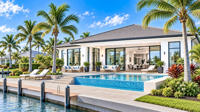 Casa Frente al Agua y Bienes Raíces en Cape Coral Casa moderna frente al agua con piscina y canal en Cape Coral, Florida