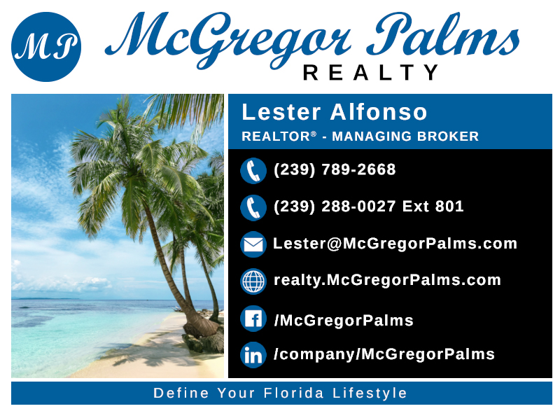 Business Card for Lester Alfonso - Phone: (239) 789-2668, Email: Lester@McGregorPalms.com