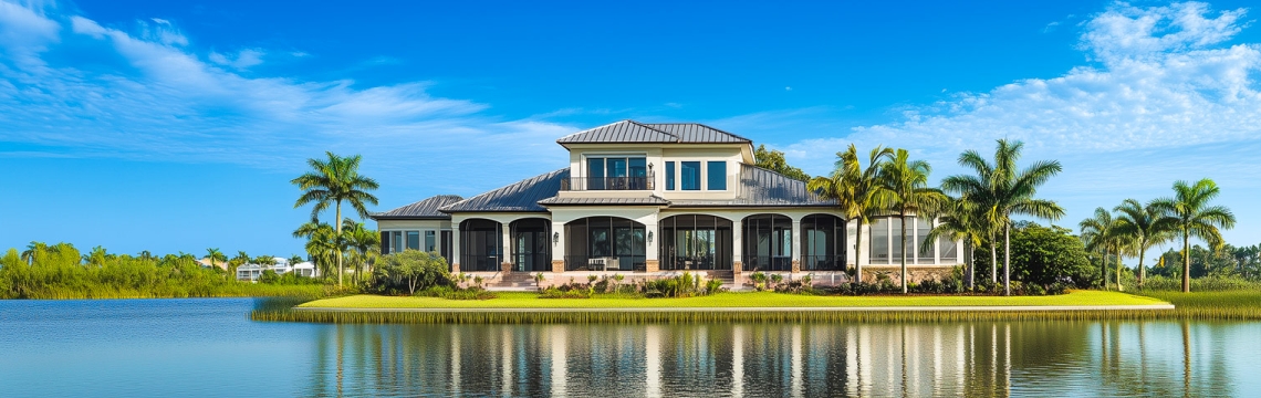 Casa frente al agua en el suroeste de Florida con un diseño moderno bajo un cielo azul despejado.